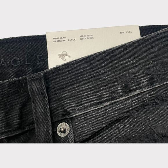 American Eagle Mom Jean Black Distressed 8 Long NWT High Waist Tapered Leg - Picture 3 of 12